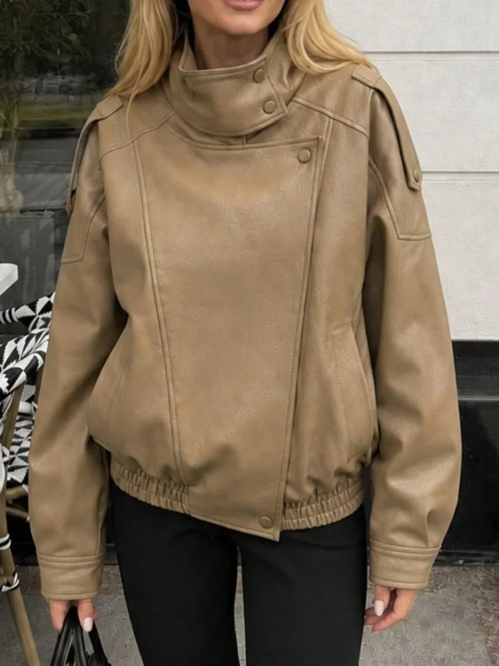 Khaki Casual Women's Oversized High Collar Faux Leather Jacket